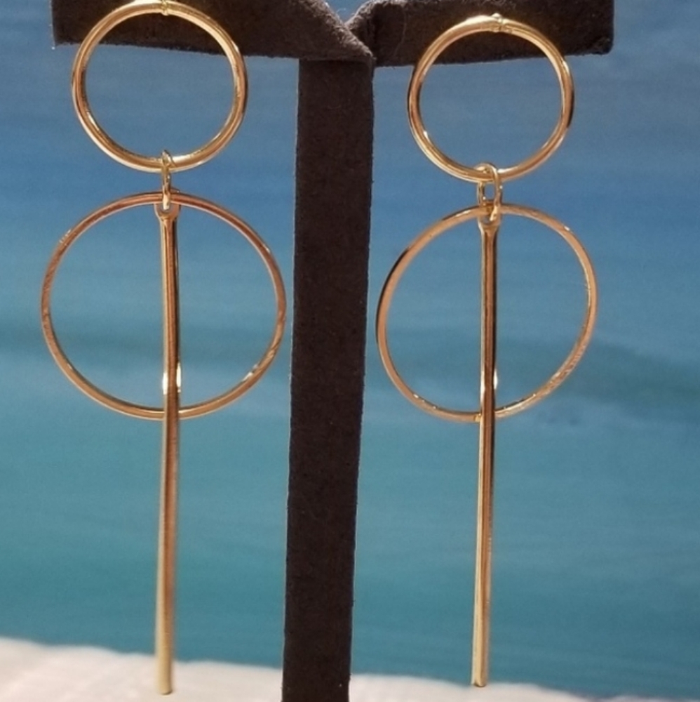 Trendy Double Hoop Drop Earrings Goldtone